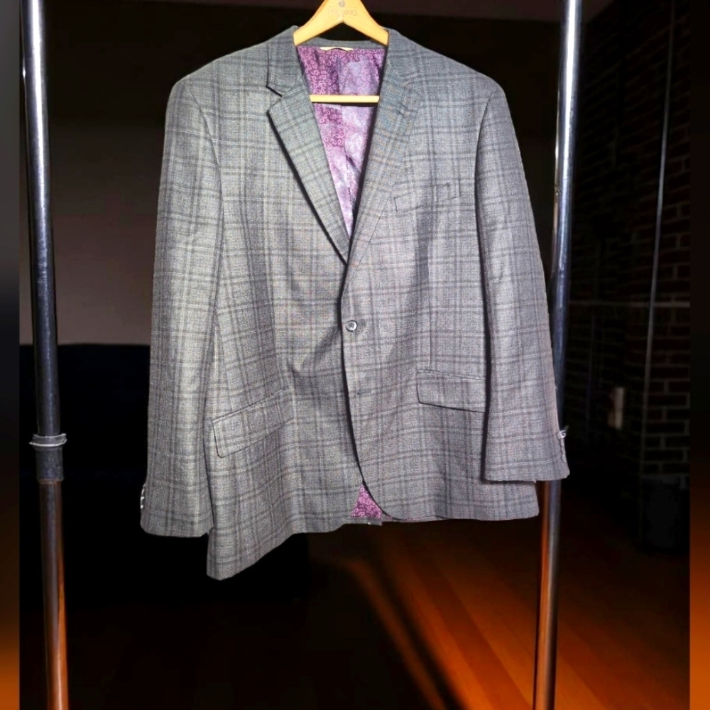 1926 Originals Gray 46R Windowpane Plaid Men's Blazer Purple Lining